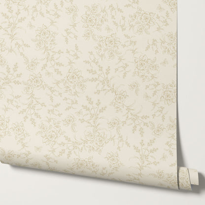 Esmeralda Rose Toile Wheat Wallpaper