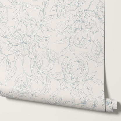 Briana Large Peony Sketch Cream Blue Wallpaper