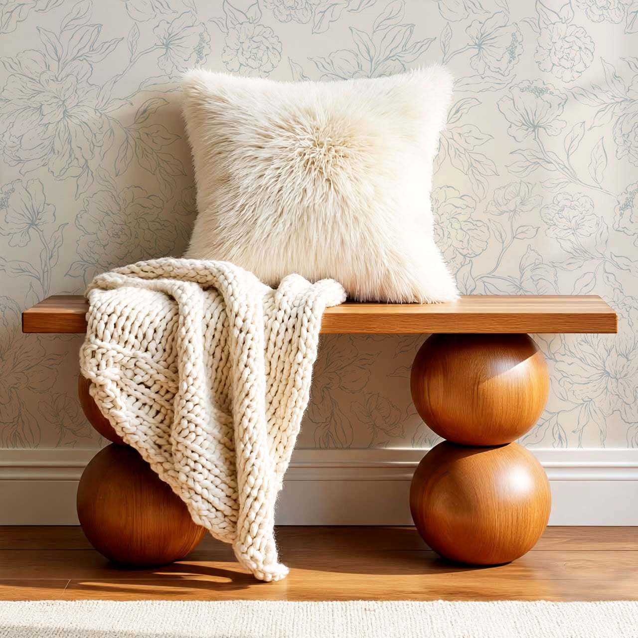 Briana Large Peony Sketch Cream Blue Wallpaper