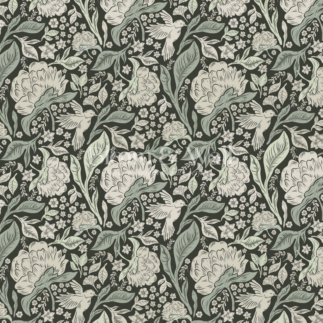 Brie Botanical Birds and Bloom Deep Green Wallpaper