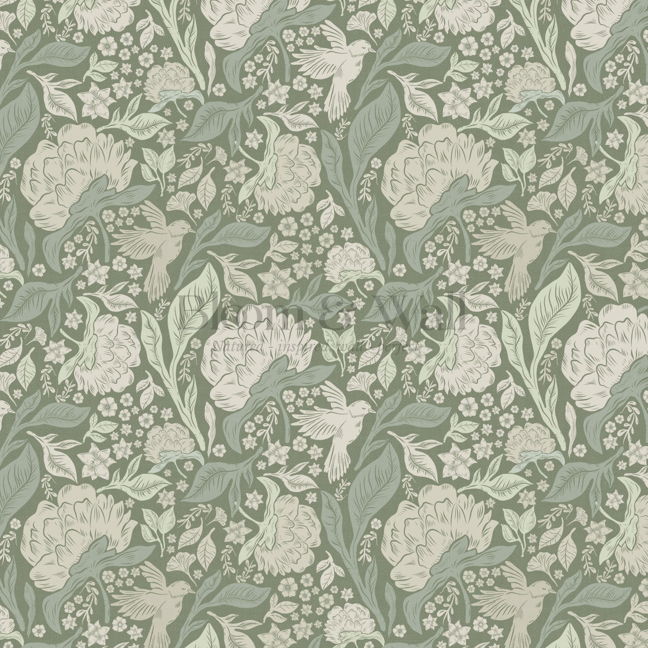 Brie Botanical Birds and Bloom Dry Sage Wallpaper