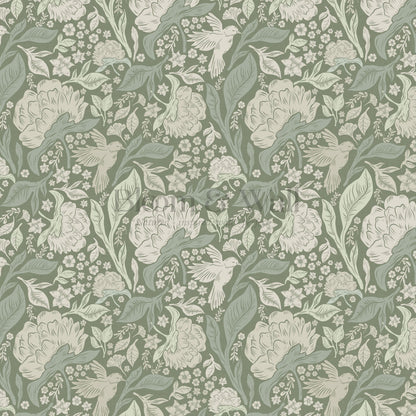 Brie Botanical Birds and Bloom Dry Sage Wallpaper
