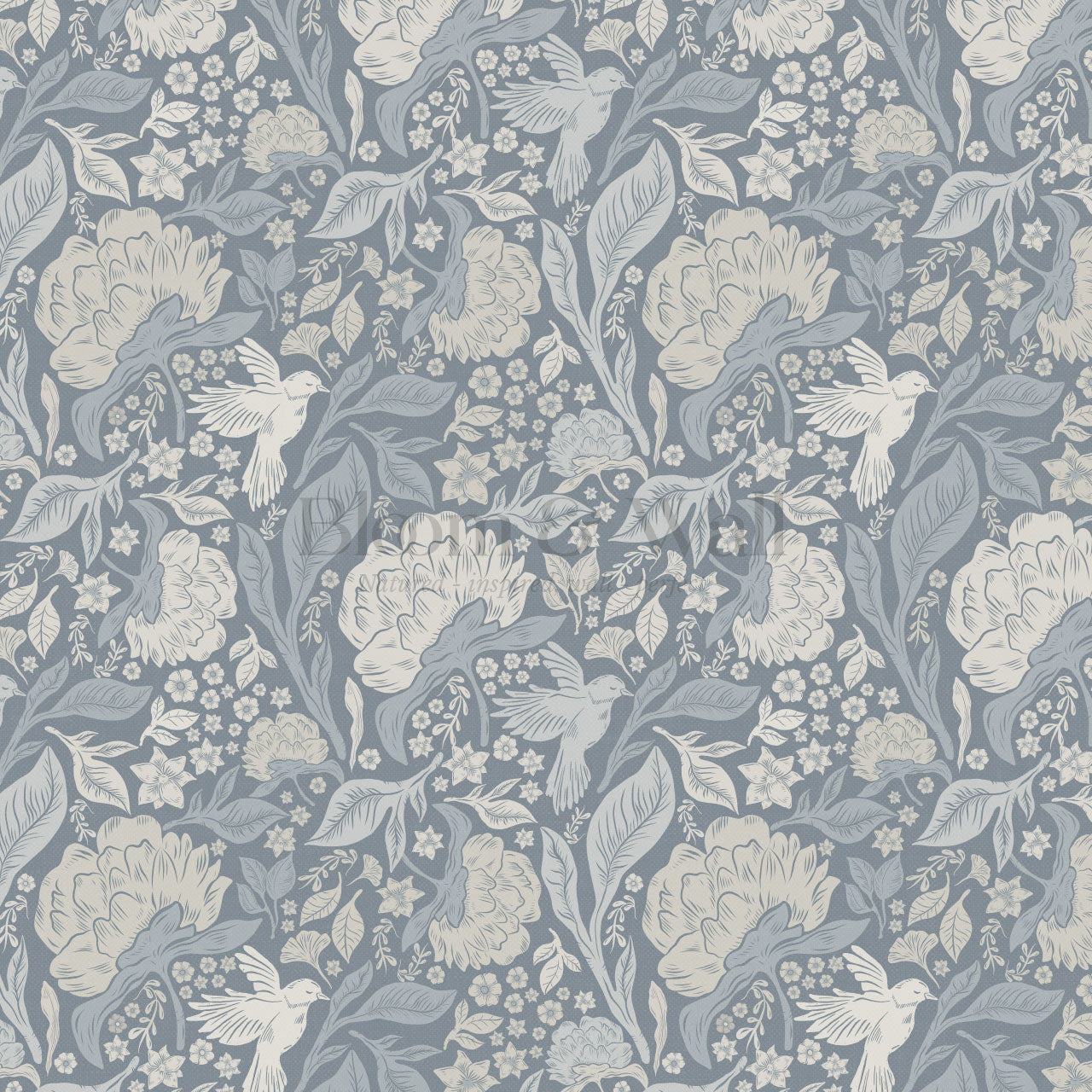 Brie Botanical Birds and Bloom French Blue Wallpaper