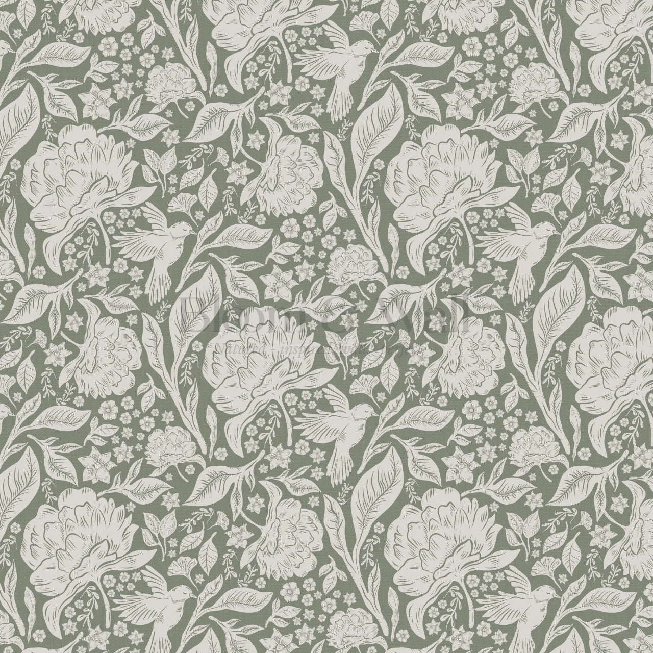 Brie Botanical Birds and Bloom Sage Wallpaper