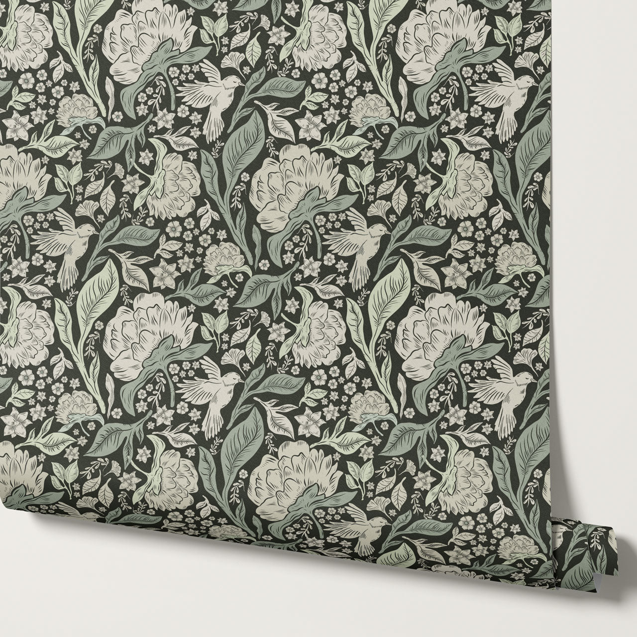 Brie Botanical Birds and Bloom Deep Green Wallpaper