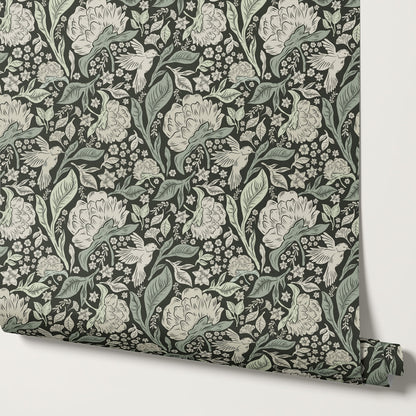 Brie Botanical Birds and Bloom Deep Green Wallpaper