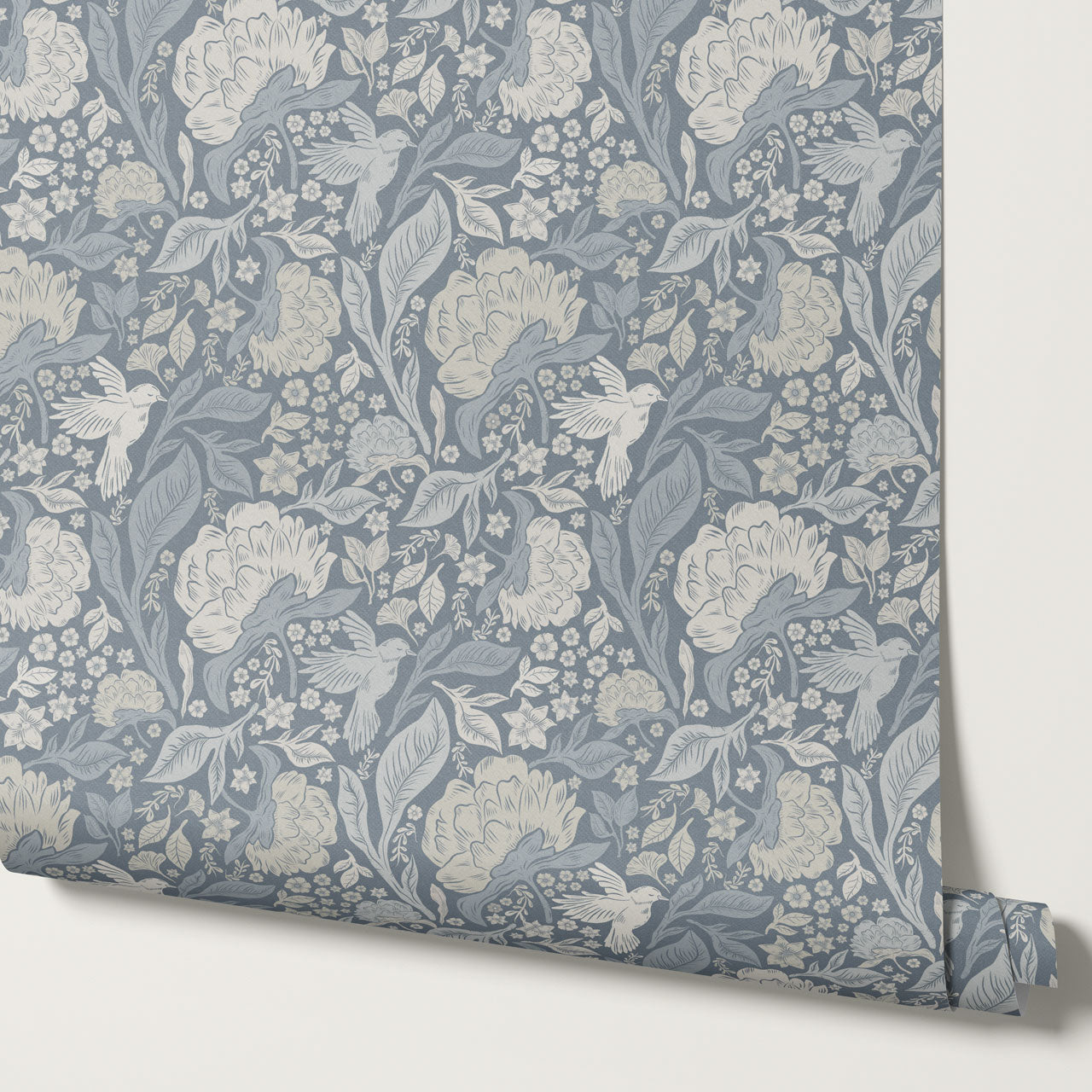 Brie Botanical Birds and Bloom French Blue Wallpaper