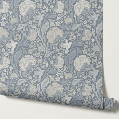 Brie Botanical Birds and Bloom French Blue Wallpaper