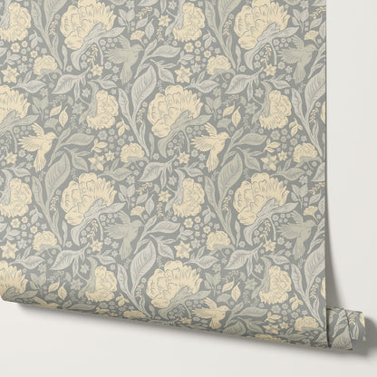Brie Botanical Birds and Bloom Dove Butter Wallpaper