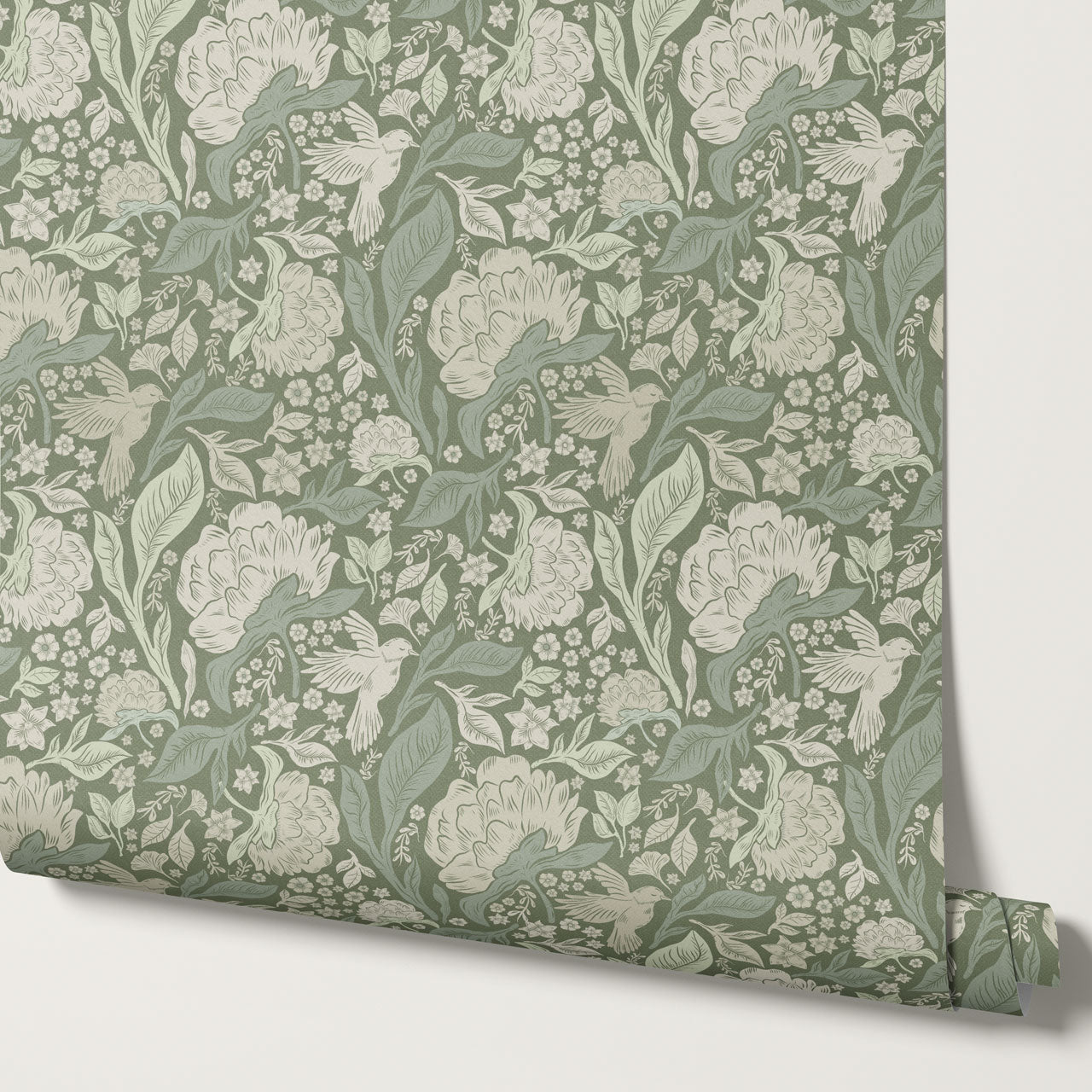 Brie Botanical Birds and Bloom Dry Sage Wallpaper