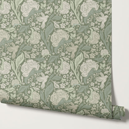 Brie Botanical Birds and Bloom Dry Sage Wallpaper