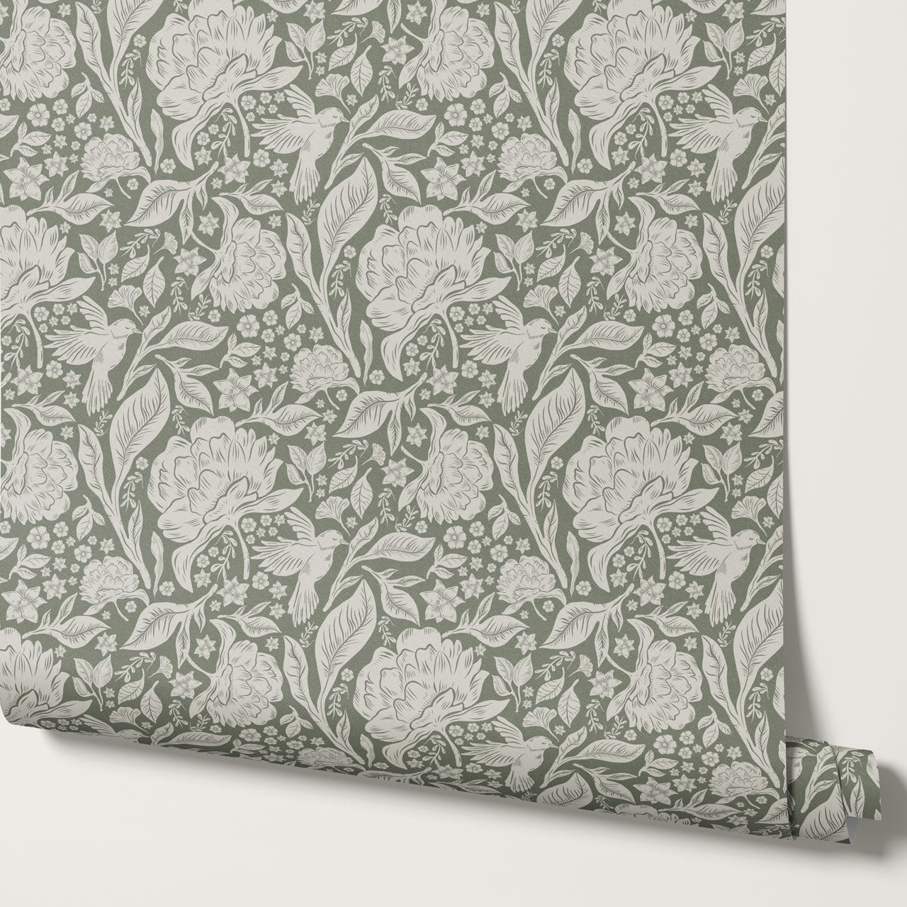 Brie Botanical Birds and Bloom Sage Wallpaper