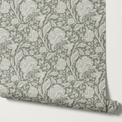 Brie Botanical Birds and Bloom Sage Wallpaper