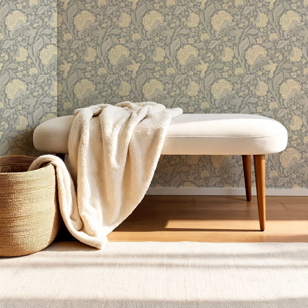Brie Botanical Birds and Bloom Dove Butter Wallpaper