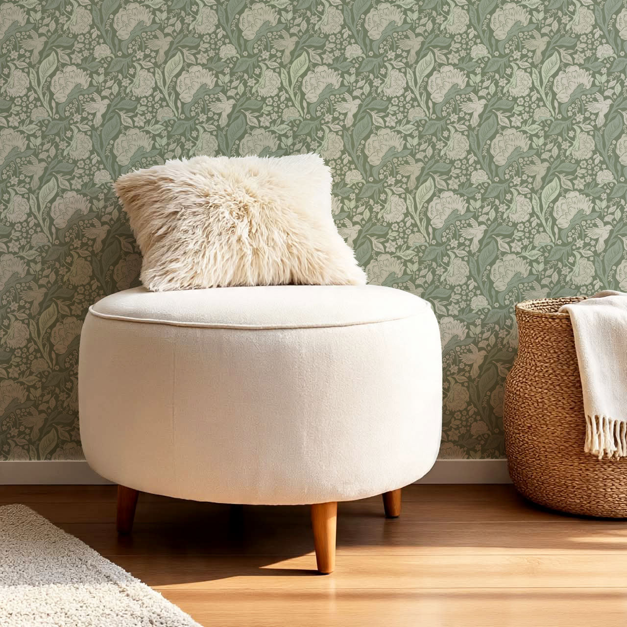 Brie Botanical Birds and Bloom Dry Sage Wallpaper
