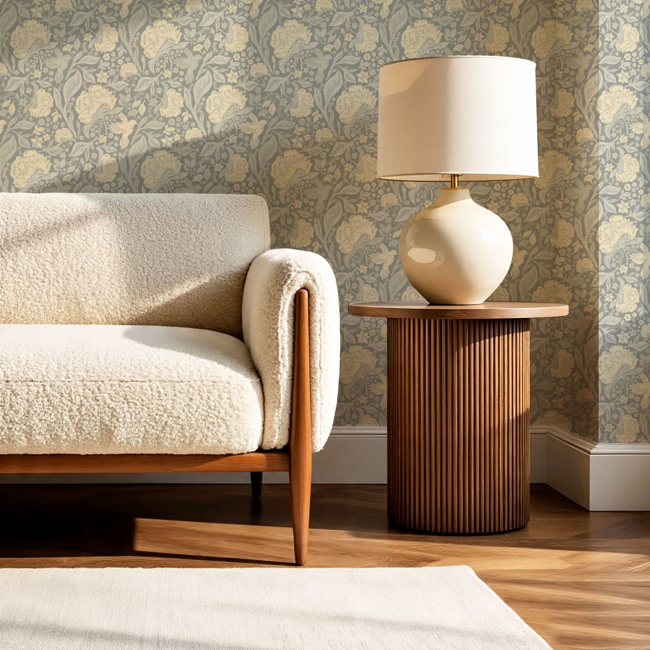 Brie Botanical Birds and Bloom Dove Butter Wallpaper