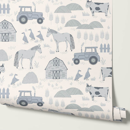 Caleb Farm Life Blue Cream Wallpaper