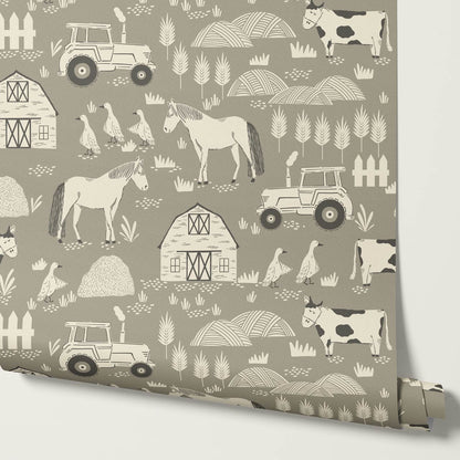 Caleb Farm Life Olive Stone Wallpaper