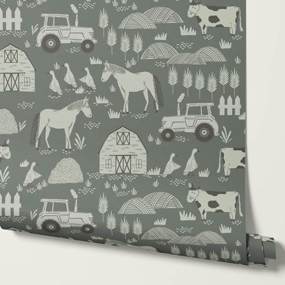 Caleb Farm Life Green Wallpaper