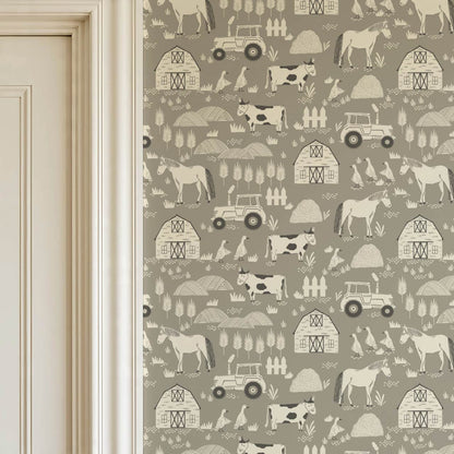 Caleb Farm Life Olive Stone Wallpaper