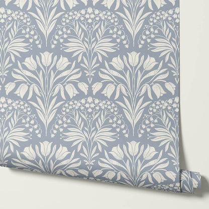 Camilla Tulip and Lily of the Valley Blue Wallpaper