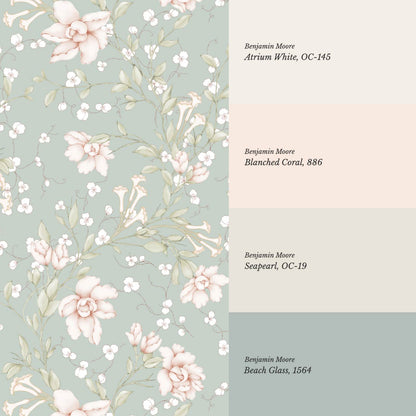 Cari Floral Blush Sea Glass Wallpaper