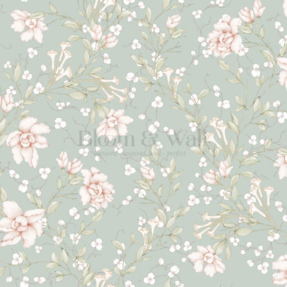 Cari Floral Blush Sea Glass Wallpaper