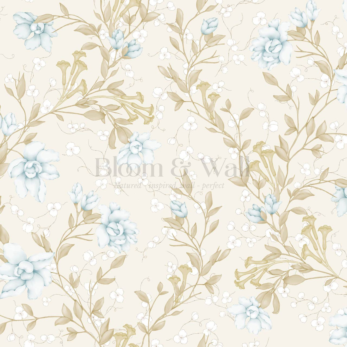 Cari Floral Blue Cream Wallpaper