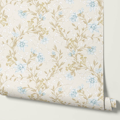 Cari Floral Blue Cream Wallpaper