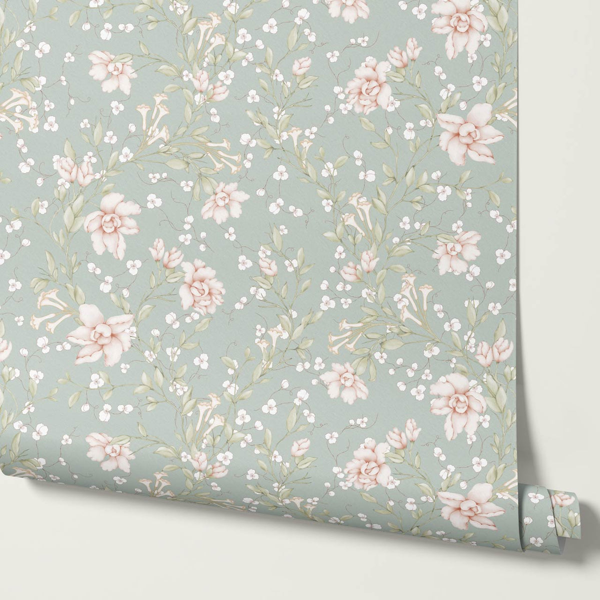 Cari Floral Blush Sea Glass Wallpaper