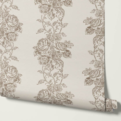Carmelita Heritage Rose Vines Deep Brown Cream Wallpaper