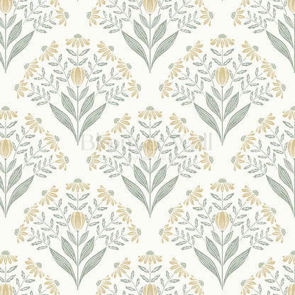 Carys Daisy Fan Butter Cream Sage Wallpaper