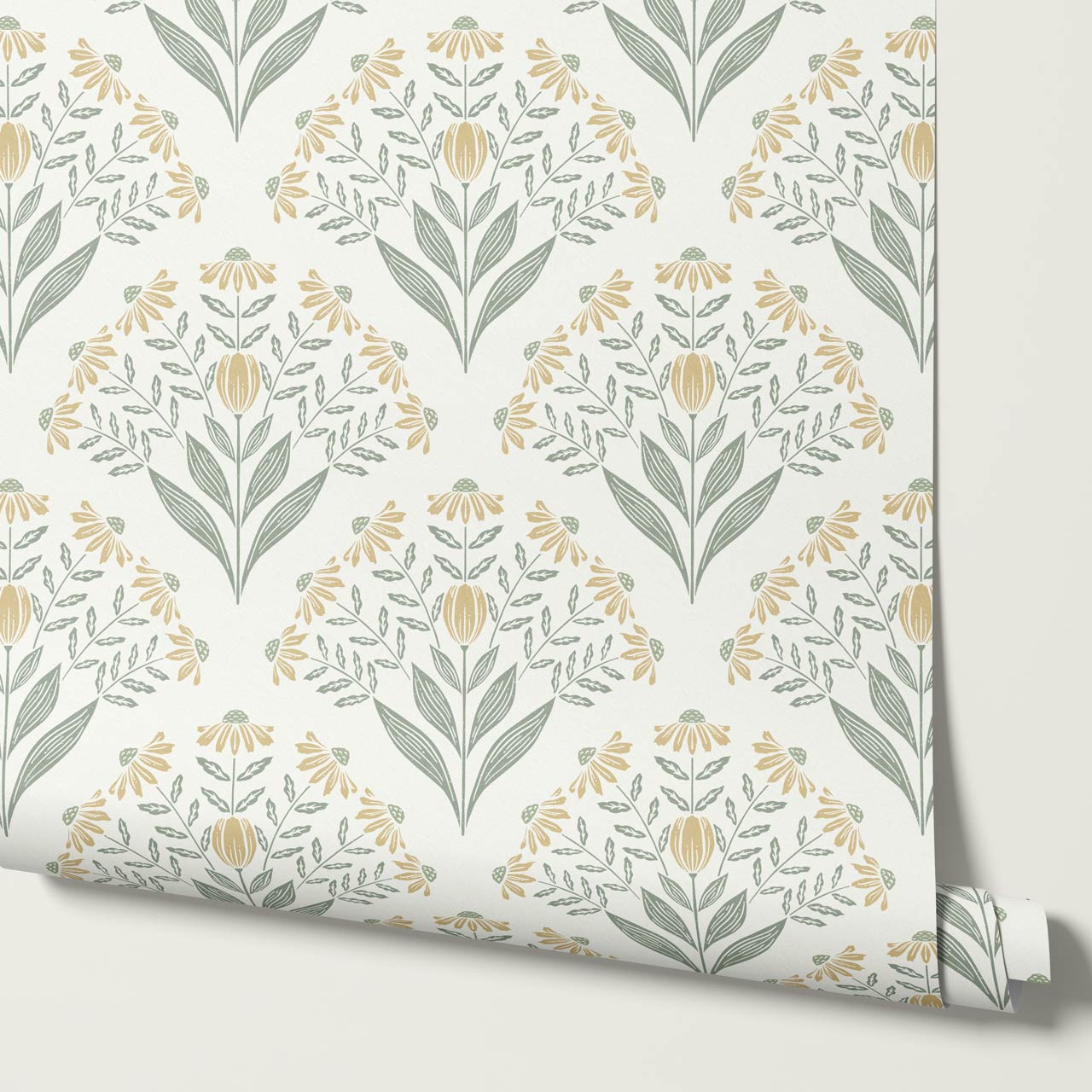 Carys Daisy Fan Butter Cream Sage Wallpaper