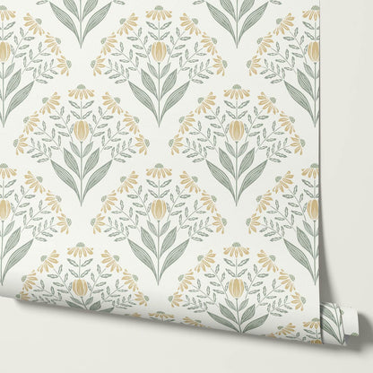 Carys Daisy Fan Butter Cream Sage Wallpaper