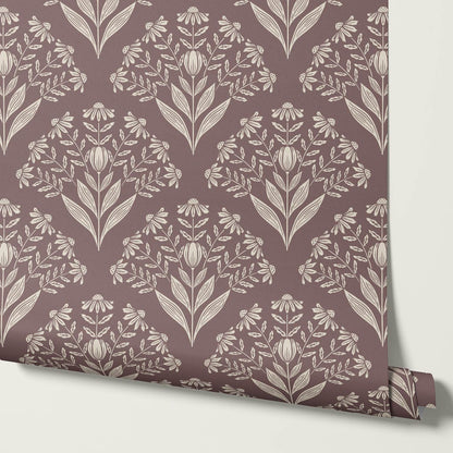 Carys Daisy Fan Wine Ivory Lace Wallpaper