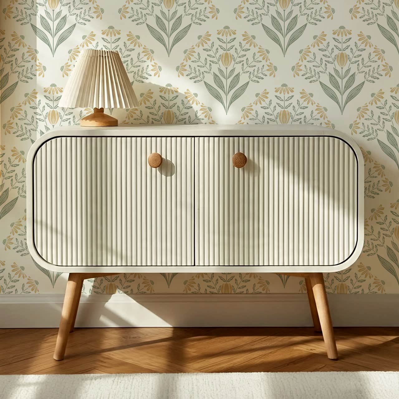 Carys Daisy Fan Butter Cream Sage Wallpaper