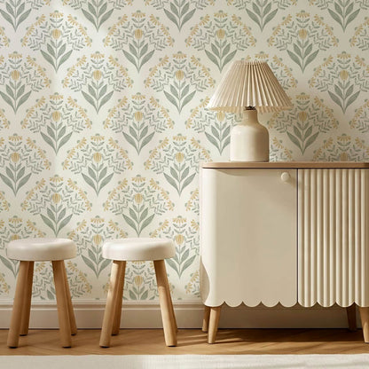 Carys Daisy Fan Butter Cream Sage Wallpaper