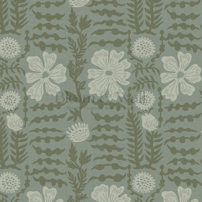Catalina Poppy Blooms Vintage Green Wallpaper