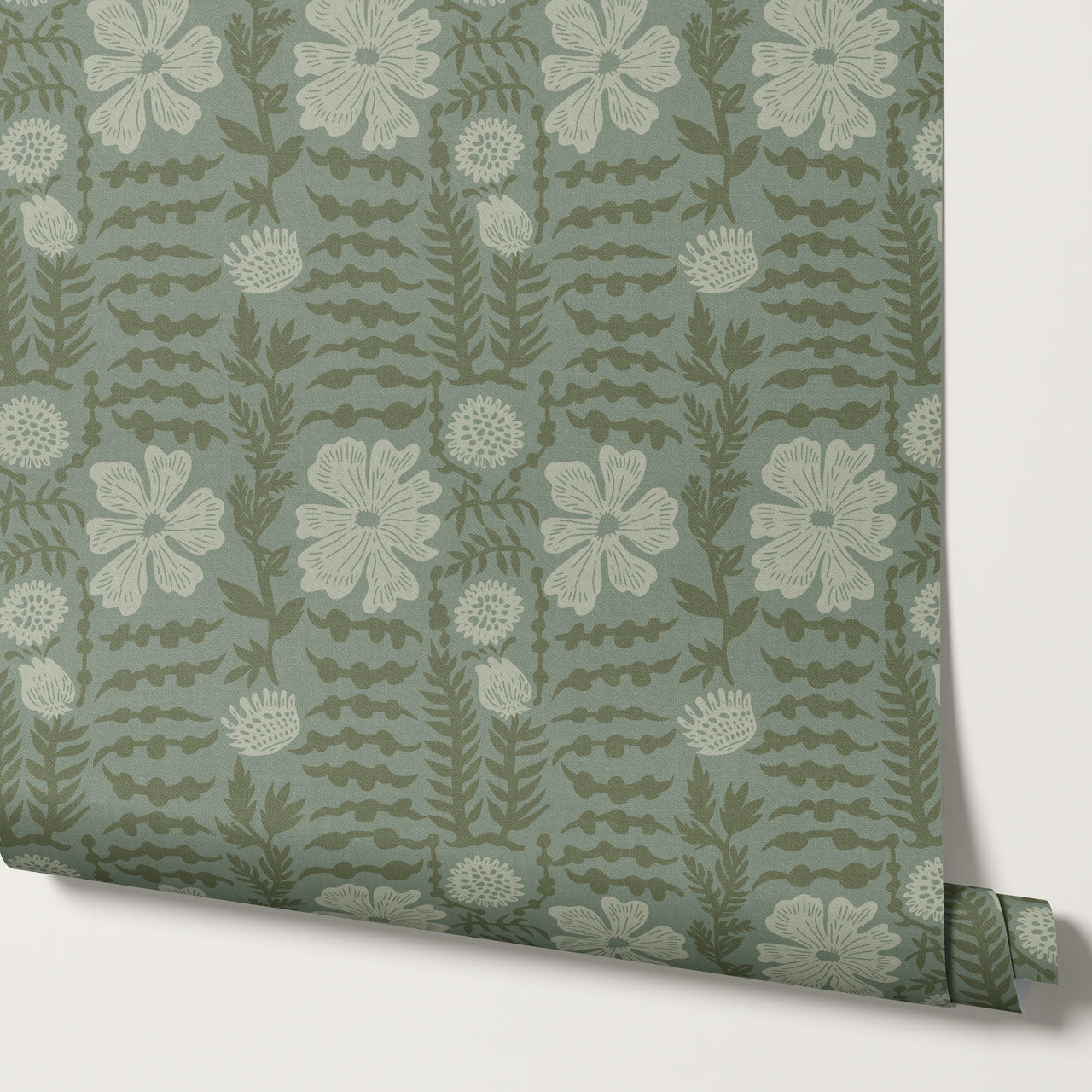 Catalina Poppy Blooms Vintage Green Wallpaper