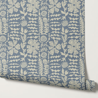 Catalina Poppy Blooms Vintage Blue Wallpaper
