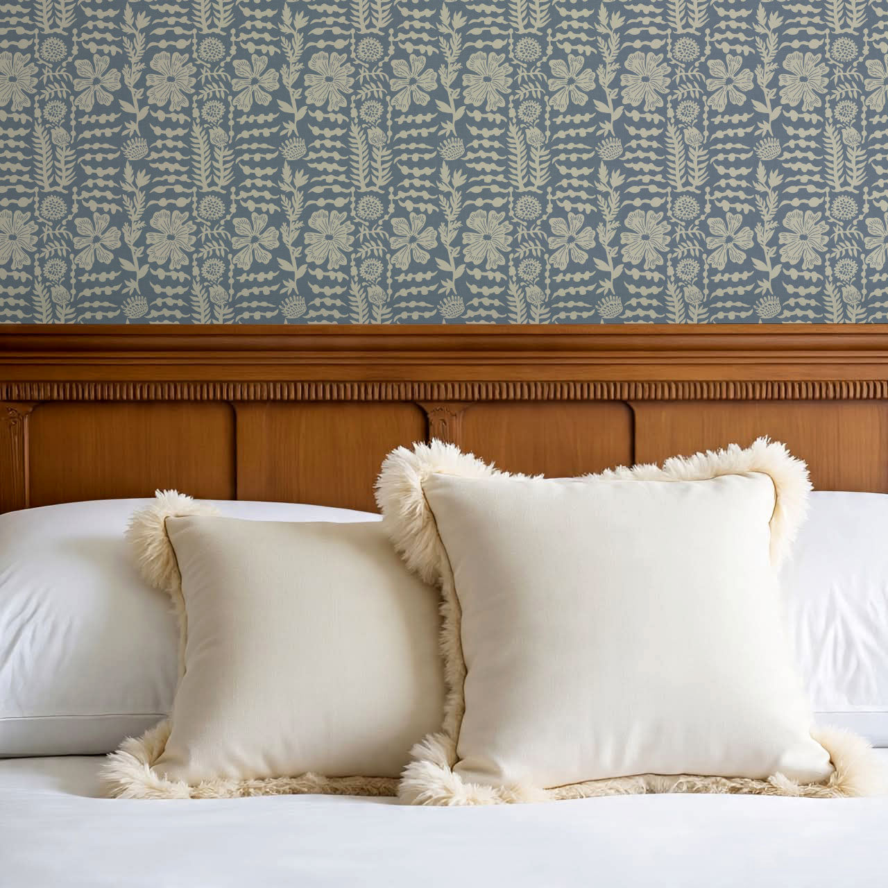 Catalina Poppy Blooms Vintage Blue Wallpaper