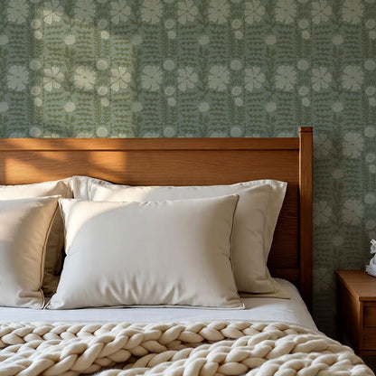 Catalina Poppy Blooms Vintage Green Wallpaper