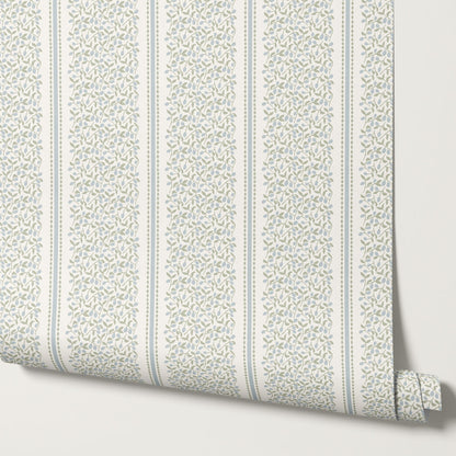 Catherine Vine Stripes Blue Sage Wallpaper
