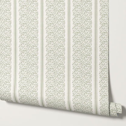 Catherine Vine Stripes Cream Sage Wallpaper