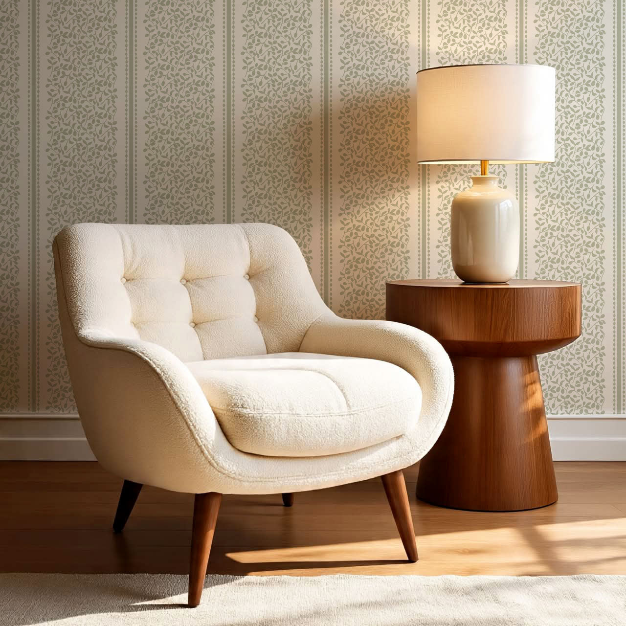 Catherine Vine Stripes Cream Sage Wallpaper
