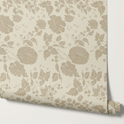 Celina Peony and Berry Vines Tan Wallpaper