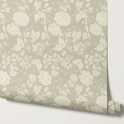 Celina Peony and Berry Vines Vintage Sage Wallpaper