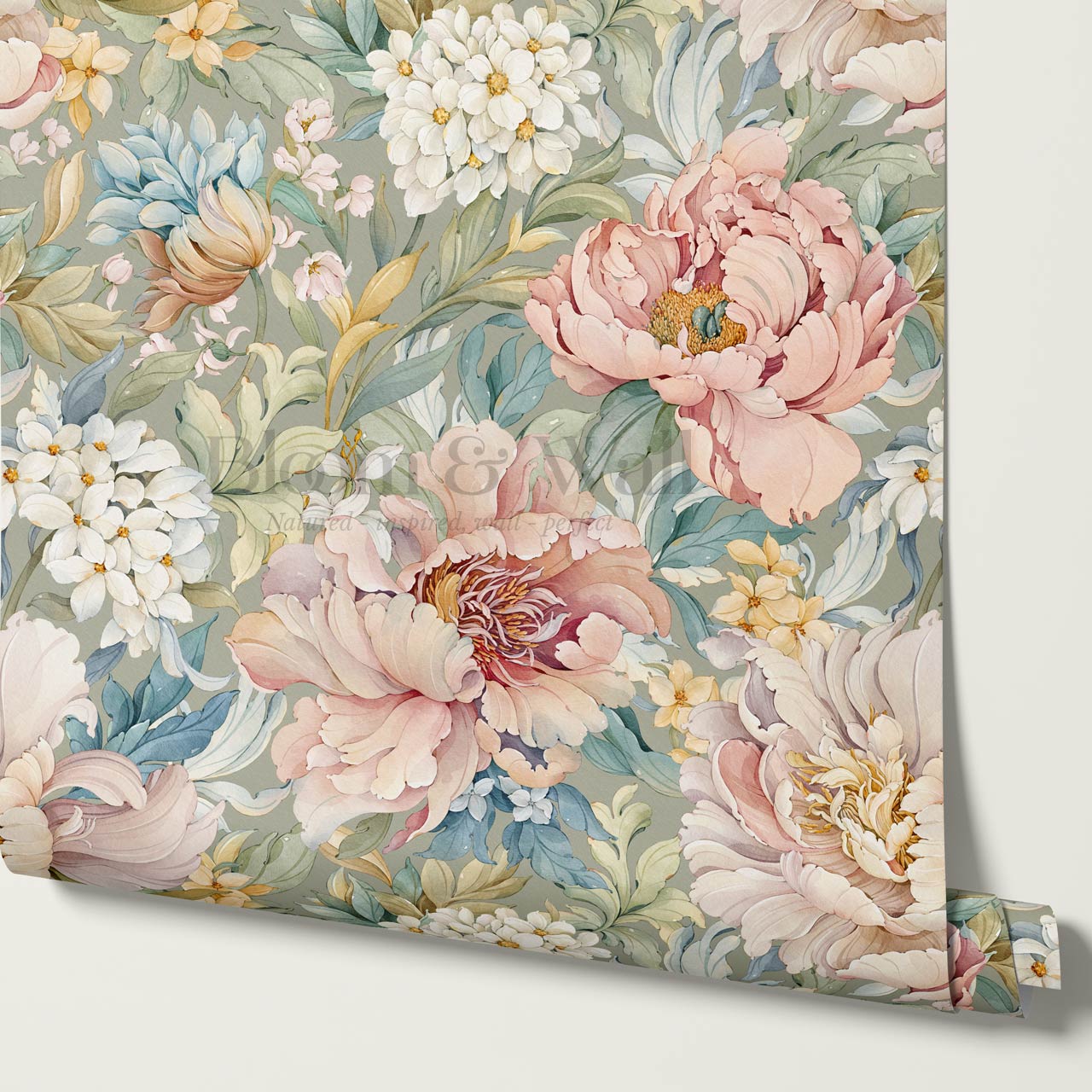 Chandelle Peony Bloom Reverie Sage Wallpaper