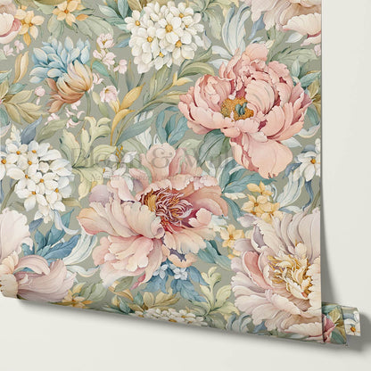 Chandelle Peony Bloom Reverie Sage Wallpaper
