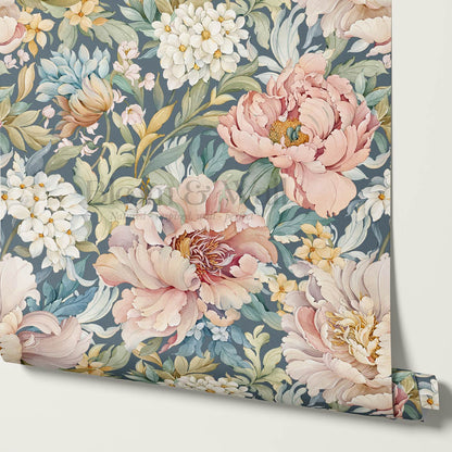 Chandelle Peony Bloom Reverie Slate Teal Wallpaper